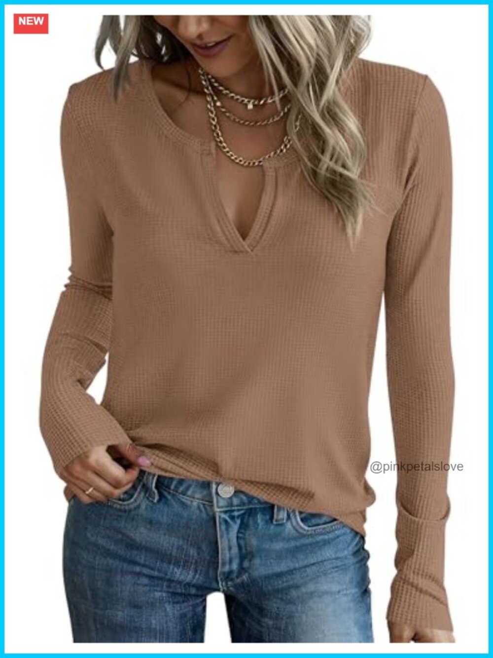 Waffle Knit V-Neck Long Sleeve Blouse Fitted Top